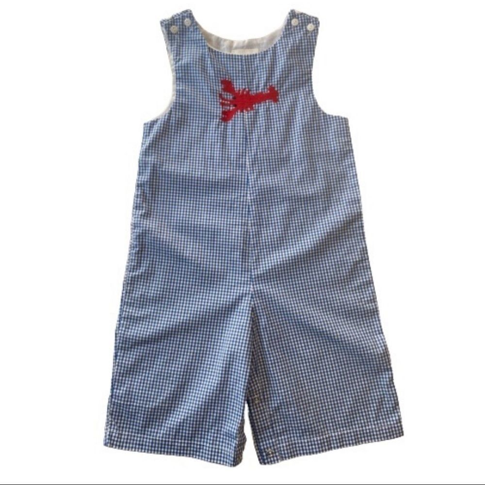 Lobster Embroidered in Red on Navy and White Checkered Overalls Longall 3T 